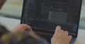 Close up hands engineers developing software app using digital laptop computer typing code on screen programmers coding Royalty Free Stock Photo