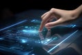 Close up of hands finger pointing on tablet at table bar, using and play application with futuristic technology concept for mock Royalty Free Stock Photo