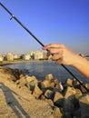 Close-up of the hands of a fisherman who impales worms on the hook of a fishing rod on a wooden pier