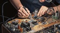 hands fixing computer board, computer board close-up, person fixing computer