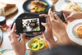 Close up hands of food blogger influencers taking picture of meal dinner post to social