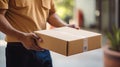 Close up hands giving a packing delivery cardboard box to customer with generative ai Royalty Free Stock Photo