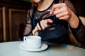 Close up of hands of happy girl have cup of green tea Royalty Free Stock Photo