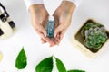 Close-up hands hold cosmetic bottle with water-tonic on white lab background