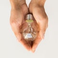 Close up of hands holding edison lamp or lightbulb