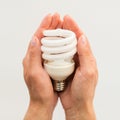 Close up of hands holding energy saving lightbulb Royalty Free Stock Photo