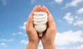 Close up of hands holding energy saving lightbulb Royalty Free Stock Photo