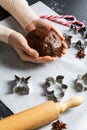 close up of hands holding gingerbread dough