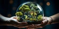 Close-Up of Hands Holding Glass Globe with Small Tree (AI generated)