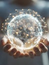 Close-up of hands holding a glowing digital globe with interconnected points symbolizing global communication and advanced Royalty Free Stock Photo