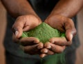 Close-up of hands holding green powder