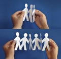Close up of hands holding paper-people figures. Royalty Free Stock Photo