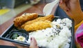 Close up of hands holding plastic plate and spoon. Deep fried chicken cutlet and rice with black sesame seed on plate. Royalty Free Stock Photo