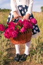 Close up of hands holding rustic basket of blossom burgundy peonies flowers. Stylish girl in fluffy skirt walking in fiel