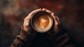 Close up of hands holding steaming hot drink coffee or hot chocolate in a coffee mug