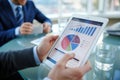 Close up of hands holding tablet displaying pie chart and bar graph image Royalty Free Stock Photo