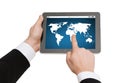 Close up of hands holding tablet pc with world map Royalty Free Stock Photo