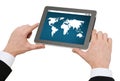 Close up of hands holding tablet pc with world map Royalty Free Stock Photo