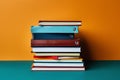 A close up of hands holding textbooks and stationery, background illustration