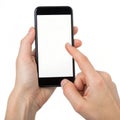 Close-up of hands holding and touching a smartphone with a blank screen for customization Royalty Free Stock Photo