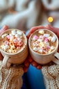 Close up of Hands Holding Warm Mugs with Hot Chocolate and Marshmallows During Cozy Winter