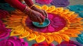 Close-up of the Hands of an Indian Woman Creating a Beautiful Colorful Rangoli Work of Art - Generative AI