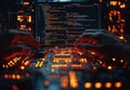 Close-up of hands installing a computer chip with coding on screen Royalty Free Stock Photo