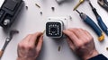 Close-Up of Hands Installing a Security Camera with Various Tools and Accessories on a White Surface, Focusing on the Installation Royalty Free Stock Photo