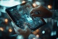 Close-up of Hands Interacting with a Digital Tablet Displaying Futuristic Circuitry and a Glowing Padlock Icon for Security Royalty Free Stock Photo
