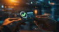 Close up of hands interacting with a futuristic digital interface displaying a successful verification checkmark and glowing data Royalty Free Stock Photo