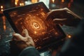 Close-up of Hands Interacting with a Futuristic Digital Tablet Displaying a Secure Padlock Icon and Data Circuits Royalty Free Stock Photo