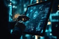 Close up of hands interacting with a futuristic holographic interface displaying glowing digital data and security icons on a dark Royalty Free Stock Photo