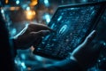 Futuristic digital interface on tablet held by hands, showcasing complex data and glowing circuits in a dark, high-tech Royalty Free Stock Photo
