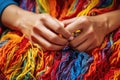 close-up of hands knitting with multicolored wool