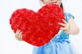 Close-up hands of little girl holding a red heart pillow isolated on white background Royalty Free Stock Photo