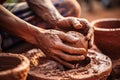 Close-up of hands making clay pots