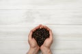 Close-up hands of man holding a handful coffee beans