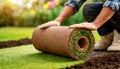 Man Laying a Roller Sod for New Garden Lawn - Generative Ai Royalty Free Stock Photo