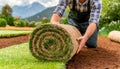 Man Laying a Roller Sod for New Garden Lawn - Generative Ai Royalty Free Stock Photo