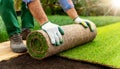 Man Laying a Roller Sod for New Garden Lawn - Generative Ai Royalty Free Stock Photo