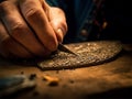 close-up of the hands of a master making embossing on metal.