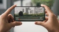 Close up of hands with mobile phone and watch video. Using digital technologies in modern life. Generative AI Royalty Free Stock Photo