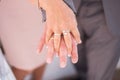 Close up of hands of a newly wed married couple with wedding rings. Royalty Free Stock Photo