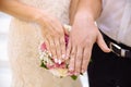 Close-up of the hands of the newlyweds with wedding rings, gently touch the wedding bouquet of peonies. Royalty Free Stock Photo