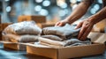 Close-up of Hands Packing Folded Garments into Shipping Box with Protective Inserts Royalty Free Stock Photo