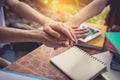 Close up hands of people putting and stacking their hands together. Friendship and Unity concept. Teamwork and Successful concept Royalty Free Stock Photo