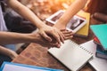 Close up hands of people putting and stacking their hands together. Friendship and Unity concept. Teamwork and Successful concept Royalty Free Stock Photo