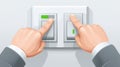 Close-up of hands pressing light switches, one ON and one OFF, symbolizing control and decisions. Royalty Free Stock Photo