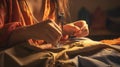 Close-up hands of a professional female seamstress at work. Royalty Free Stock Photo