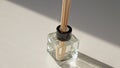Close up: hands putting of wooden sticks into bottle of air diffuser on table